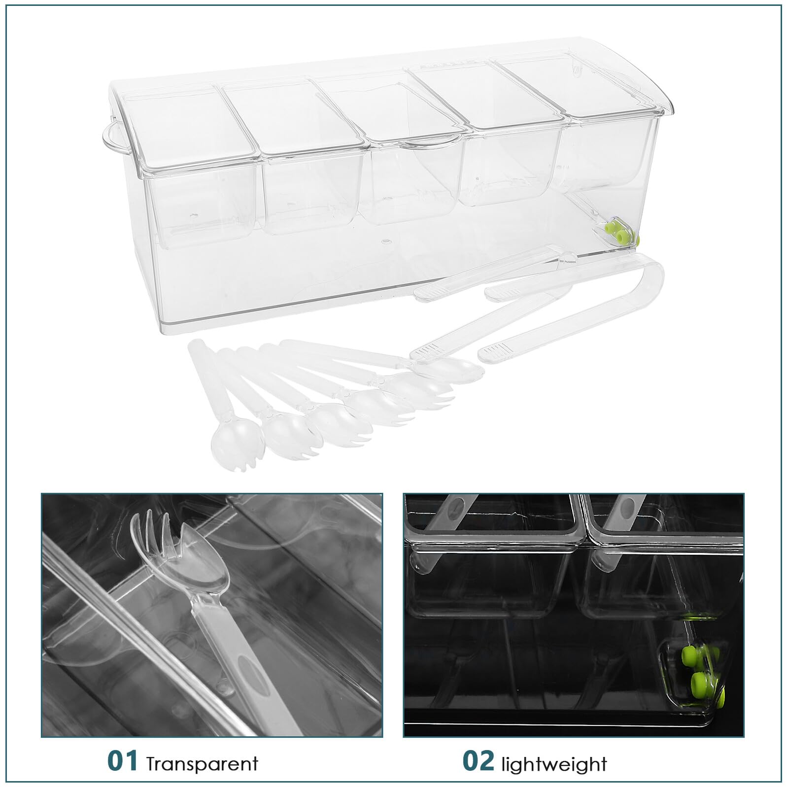 VICASKY Portacondimenti Refrigerato con Coperchio in Plastica Trasparente Vassoio per Guarnizioni da Bar a 5 Scomparti con Base Ghiacciata Set per Buffet di Cibi Freddi Frutta