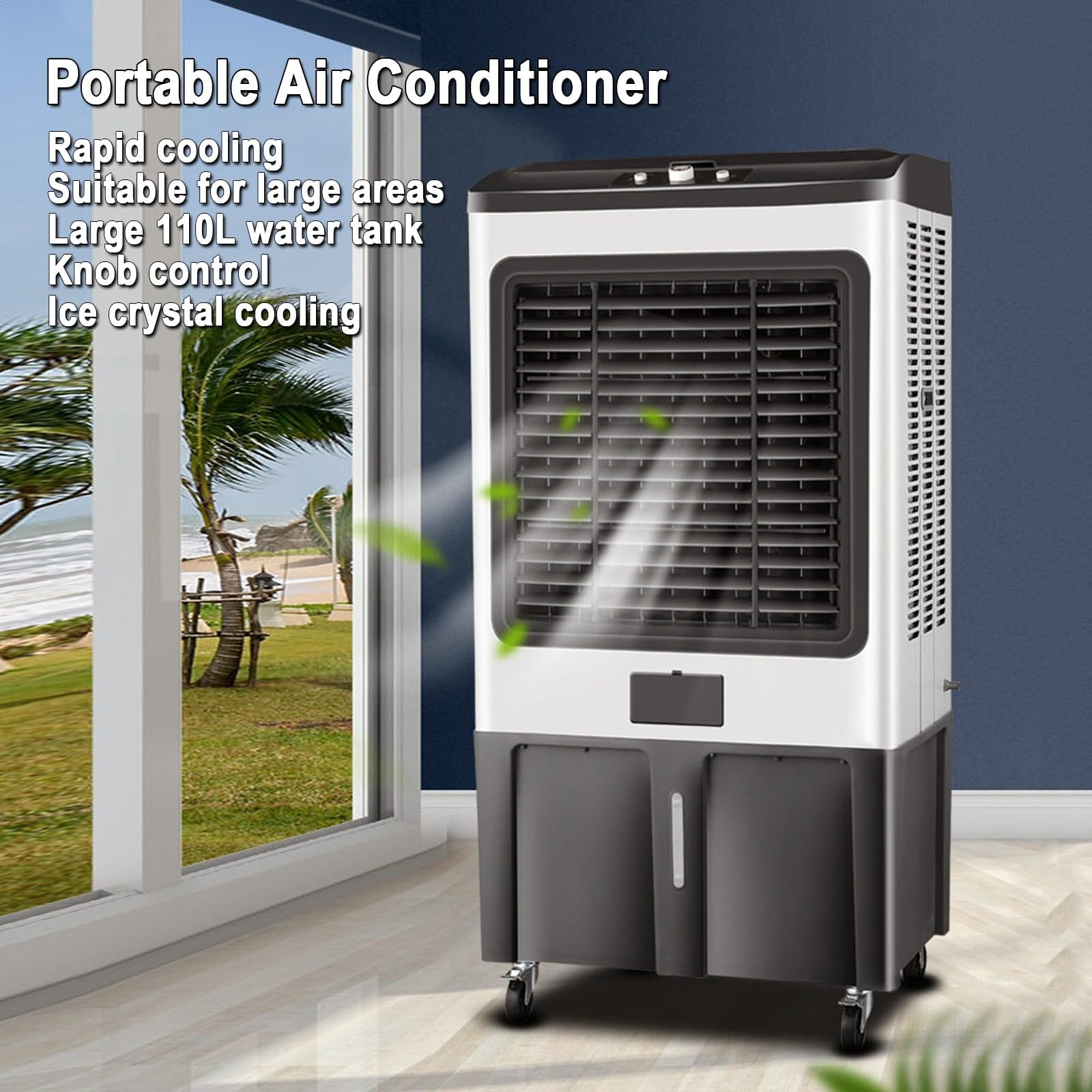 Climatizador evaporativo industrial portátil depósito 110L, 3 velocidades, doble regulación de aire, ruedas 360° con frenos, medidas 130×62×42cm para talleres, almacenes y puestos de mercado