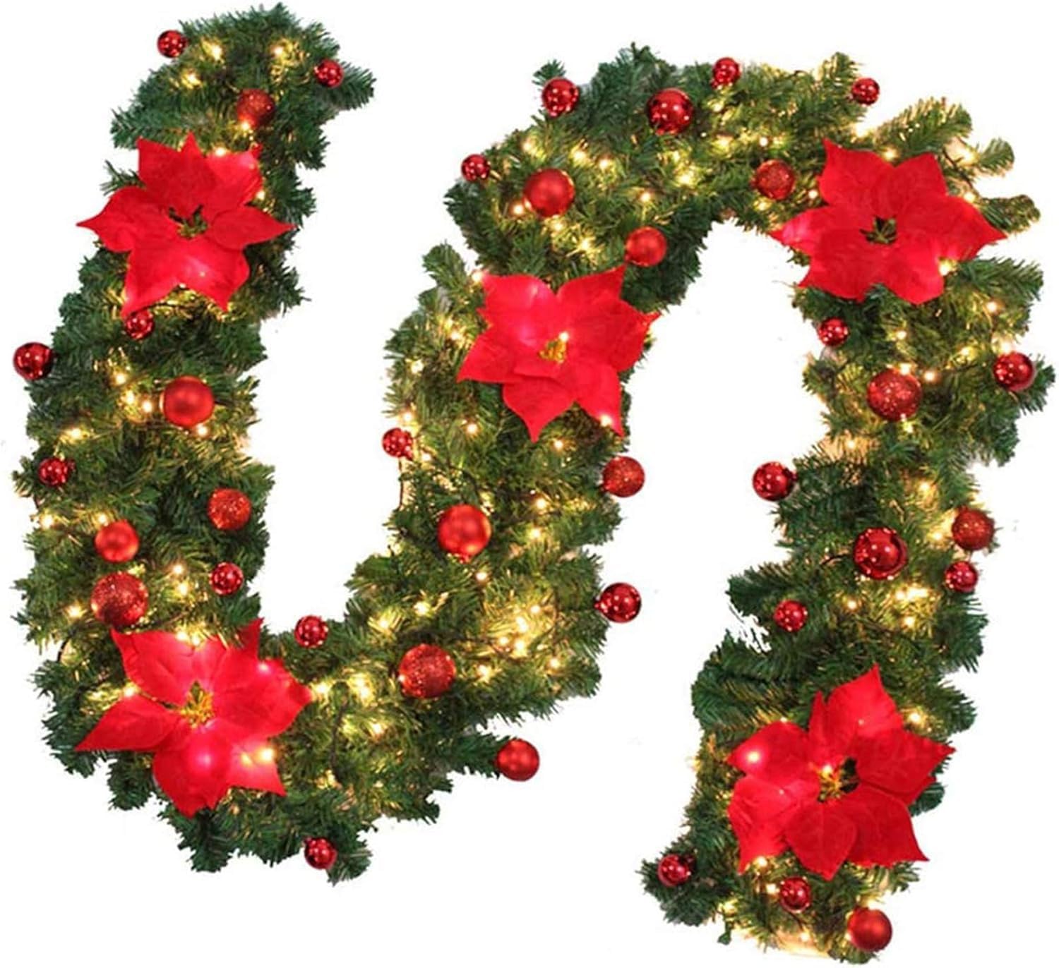 SLEEPHEAD®Christmas Garland with Lights Christmas Decorations Artificial Wreath with Berries and Pine Cones for Front Door Mantle Stairs Wall Fireplace Xmas Tree Decoration（2.7m）