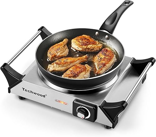 Miniatura 13 de Techwood ES-3203 - Placa eléctrica de doble quemador de 1800 W para cocinar con temperatura ajustable y asas que se mantienen frescas, acero Negro