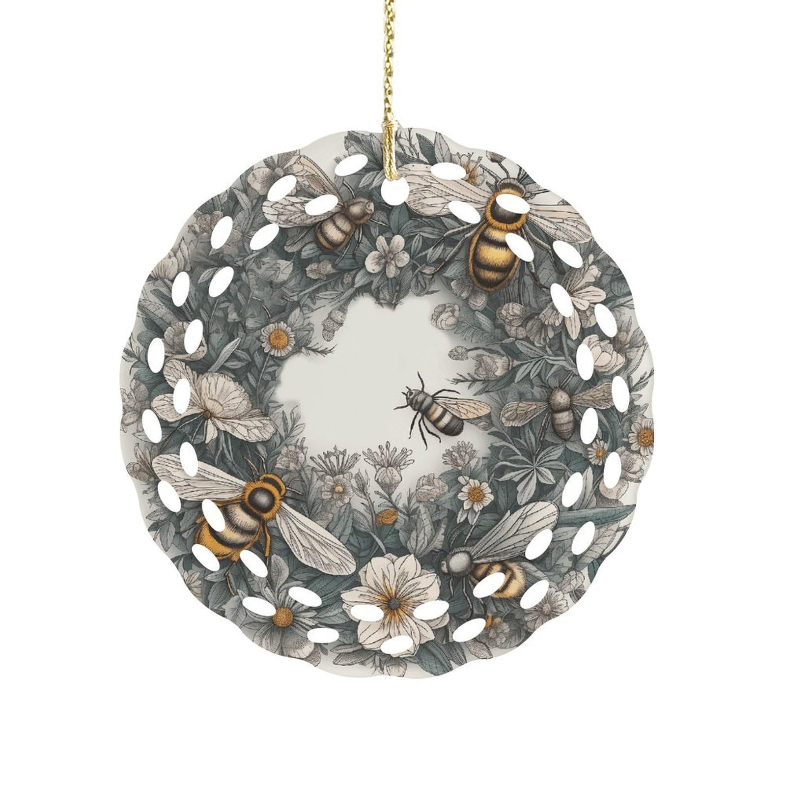 Btcowzrv Style Hand Drawn Wreath And Bee Ceramic Ornament,Round Ornaments With Hole Easy To Hang,Hanging Ornament For Wedding Party Home Window Garden Christmas Day Decor