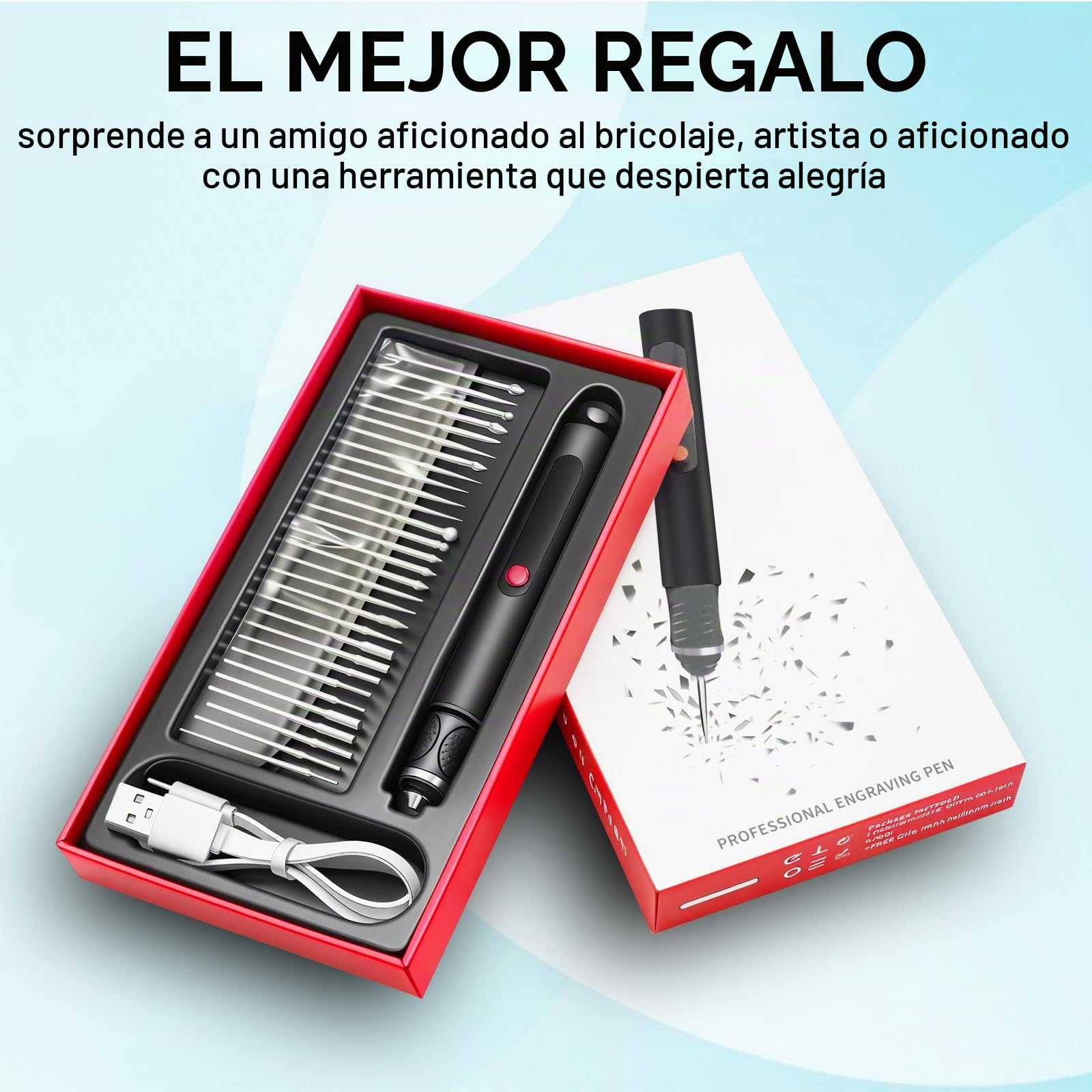Pino de Grabado Eléctrico con 30 Bits Mini Bolígrafo Grabador, Herramienta de Grabado Portátil USB Carga Regulador de 3 Velocidades Hasta 25.000 U/min para Bricolaje Madera Vidrio Plástico, Negro