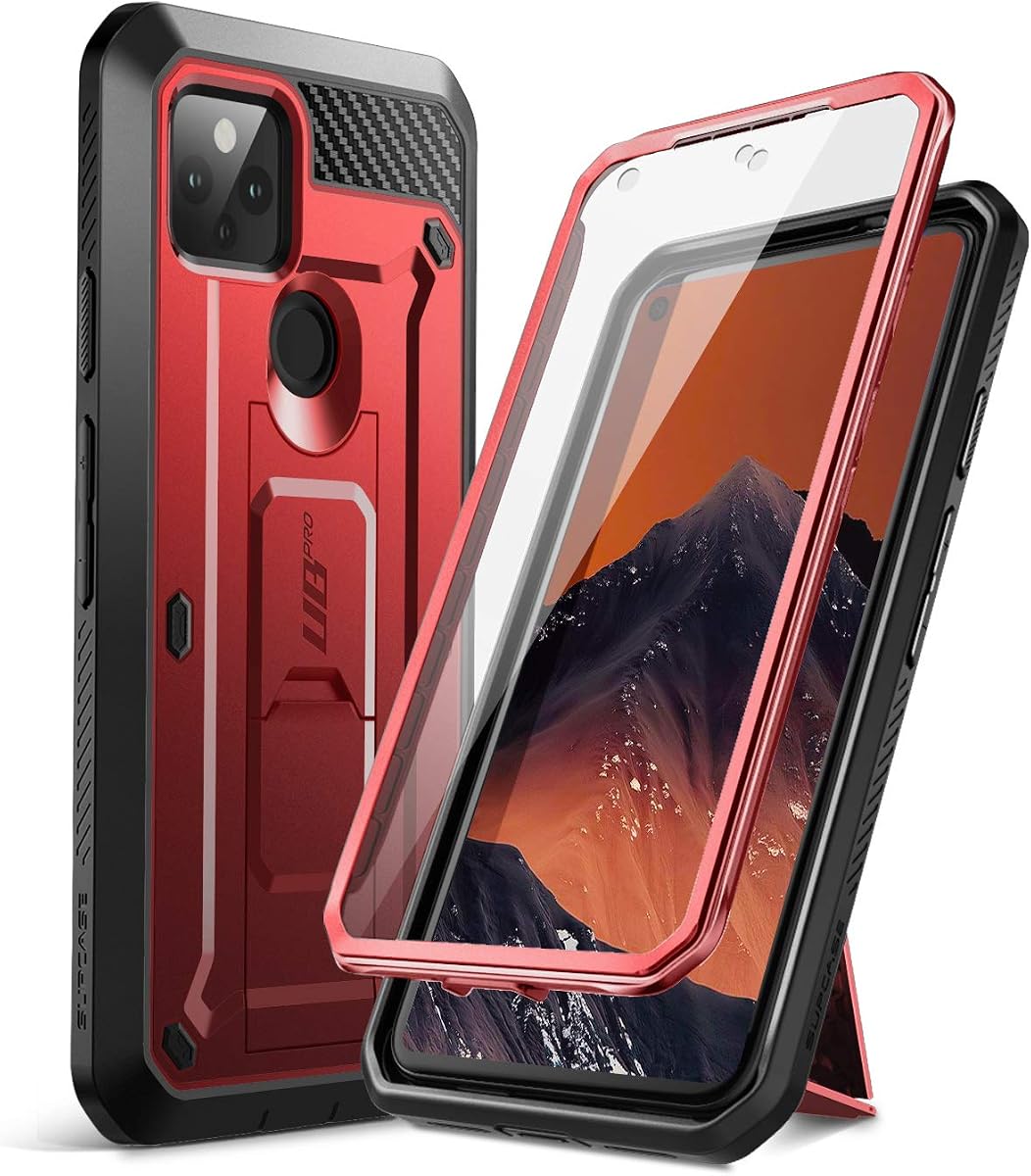 SUPCASE for Google Pixel 5 Case (2020) with Screen Protector & Stand, Red | Built-in Kickstand, Heavy Duty Rugged Anti-Scratch Case for 6 Inch Google Pixel 5, Mil-Grade Protection,Unicorn Beetle Pro