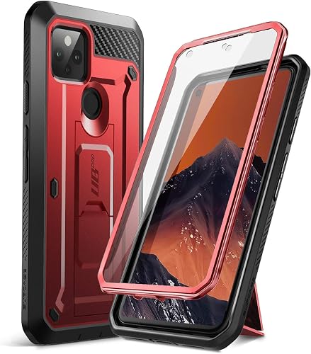 SUPCASE Unicorn Beetle Full-Body Rugged Holster Case with Built-in Screen Protector for 6-Inch Google Pixel 5 (2020), Metallic Red