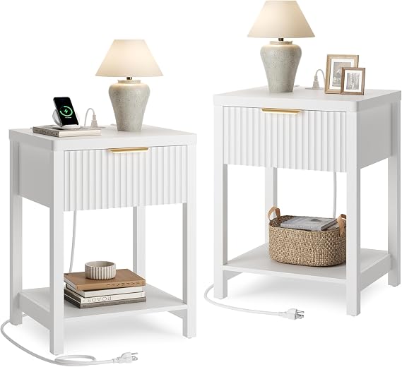 Lulive Night Stand Set 2, Fluted Nightstand with Charging Station, Wood Modern Bedside End Table with Storage Drawer for Bedroom, Save Space (Set of 2, White)