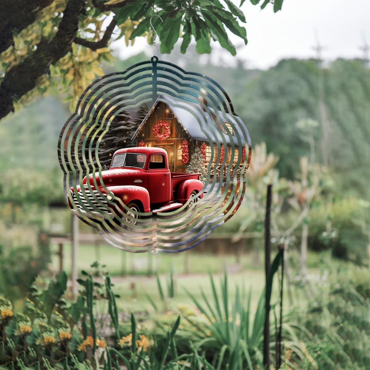 Red Truck with Farmhouse Christmas Wind Spinners 3D Stainless Steel Laser Cut Metal Double Sided Printing-Hanging Indoor/Outdoor Decorations Yard Gardening Decor,Metal Kinetic Art 14x14 inches