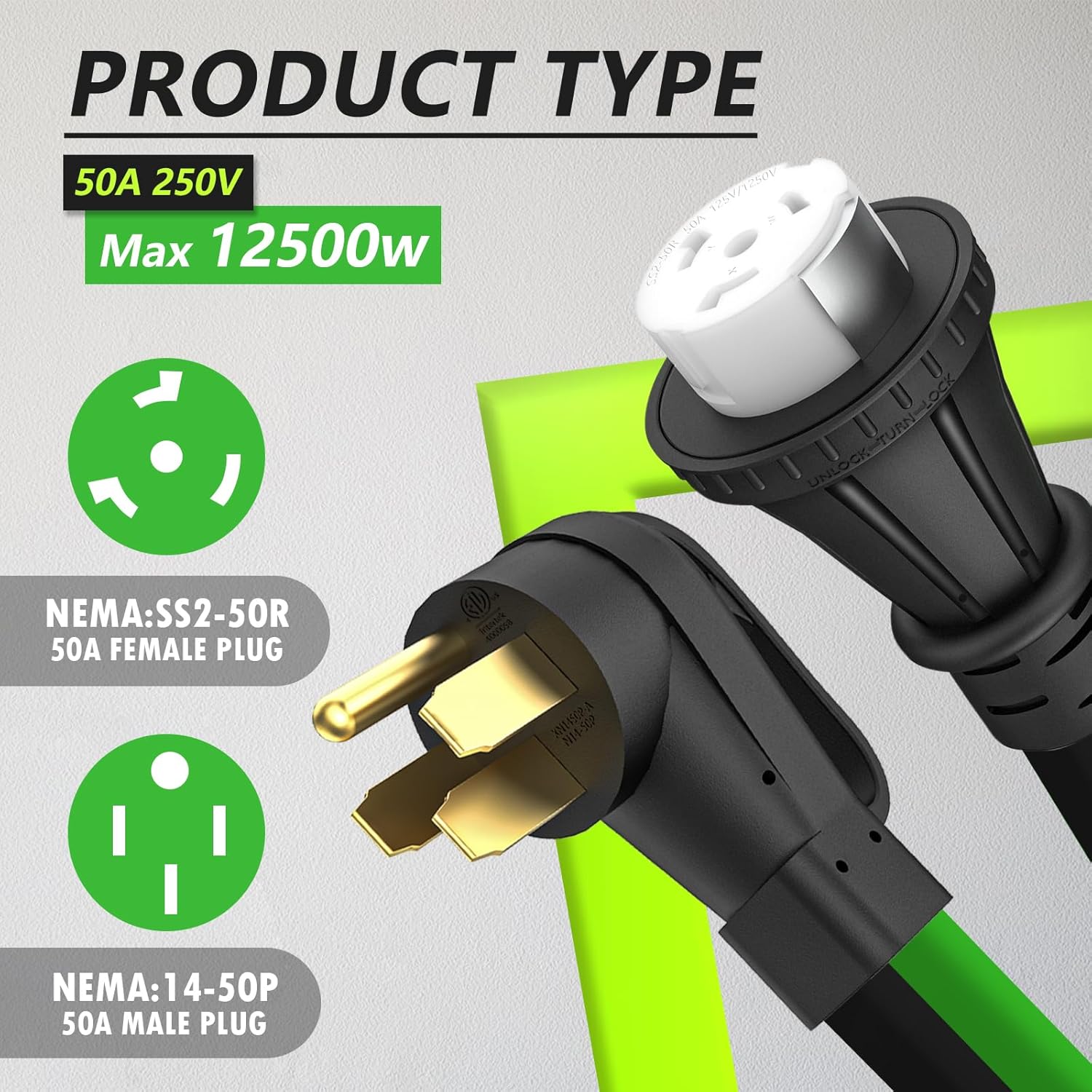 50 Amp 50 Feet RV Extension Cord, 14-50P to SS2-50R Heavy Duty STW Generator Extension Cord for RV Camper and Generator to House, with Locking Connector, ETL Listed (Black&Green)