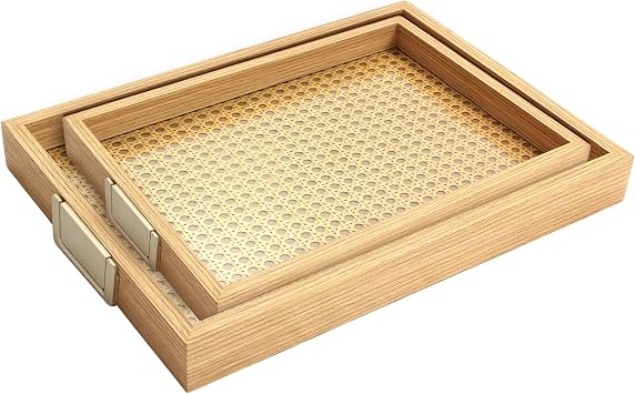 YWMSGM Rattan Woven mesh Surface Wood Serving Tray with Metal Handles, Decorative Tray Service Tray,Modern Boho Design 16.3x13 in Food Drinks 1, Large+Medium