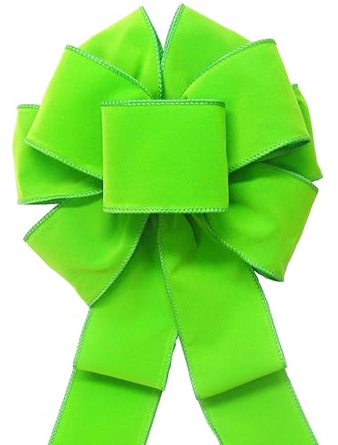 8" Lime Green Velvet Wreath Bows by Alpine Holiday Bows - Wired Velvet Bows for Christmas Wreaths, Lanterns, Signs, Garland, Baskets, Front Door