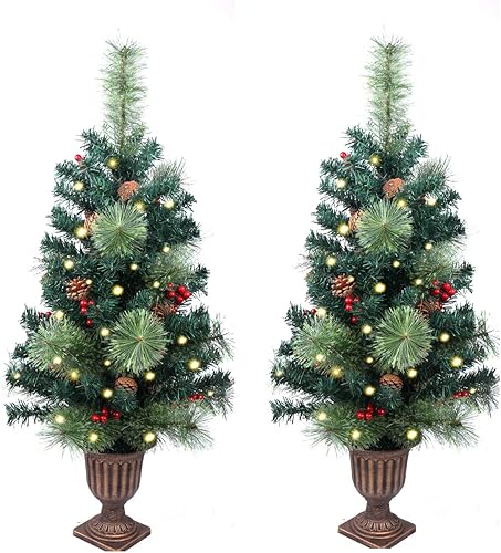 Paquete de 2 árboles de Navidad, árbol de entrada de Navidad artificial de 3 pies con adornos y luces operadas con pilas, mini árboles de Navidad