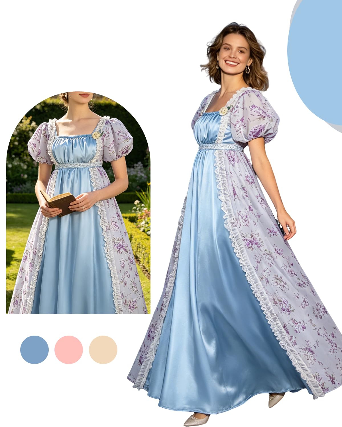 LTAKK Abito da donna Regency vintage con vita impero vittoriano Tea Party con guanti a fascia