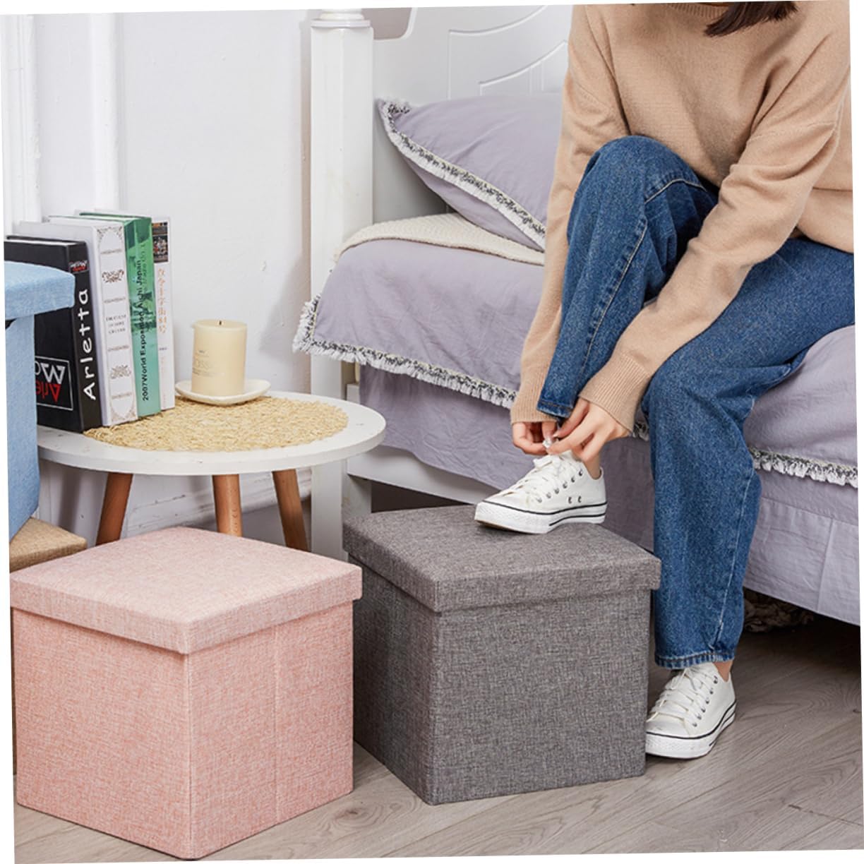 Folding Storage Stool Collapsible Fabric Footstool Lid Dark Grey Multifunctional Storage Cube for Home Organization Easy to Use for Shoes and Sundries