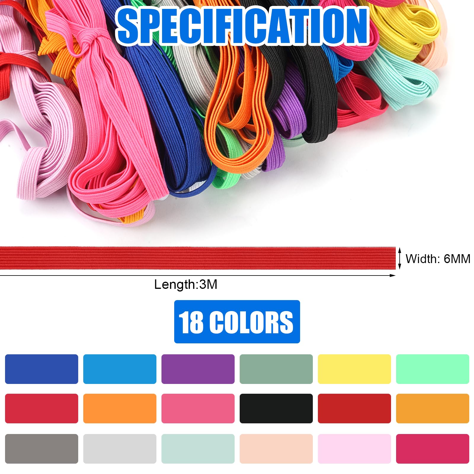 Set 18 Elastici Piatti Per Cucito - 6mm X 3m, 18 Colori Per Sartoria E Fai Da Te