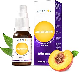 Melatonin Einschlafspray mit Ashwagandha (20ml) - Hochdosiertes Melatonin Spray mit Passionsblume & Vitamin B6 - Schlafspray für direkte & kontaktlose Anwendung - Pfirsich-Geschmack