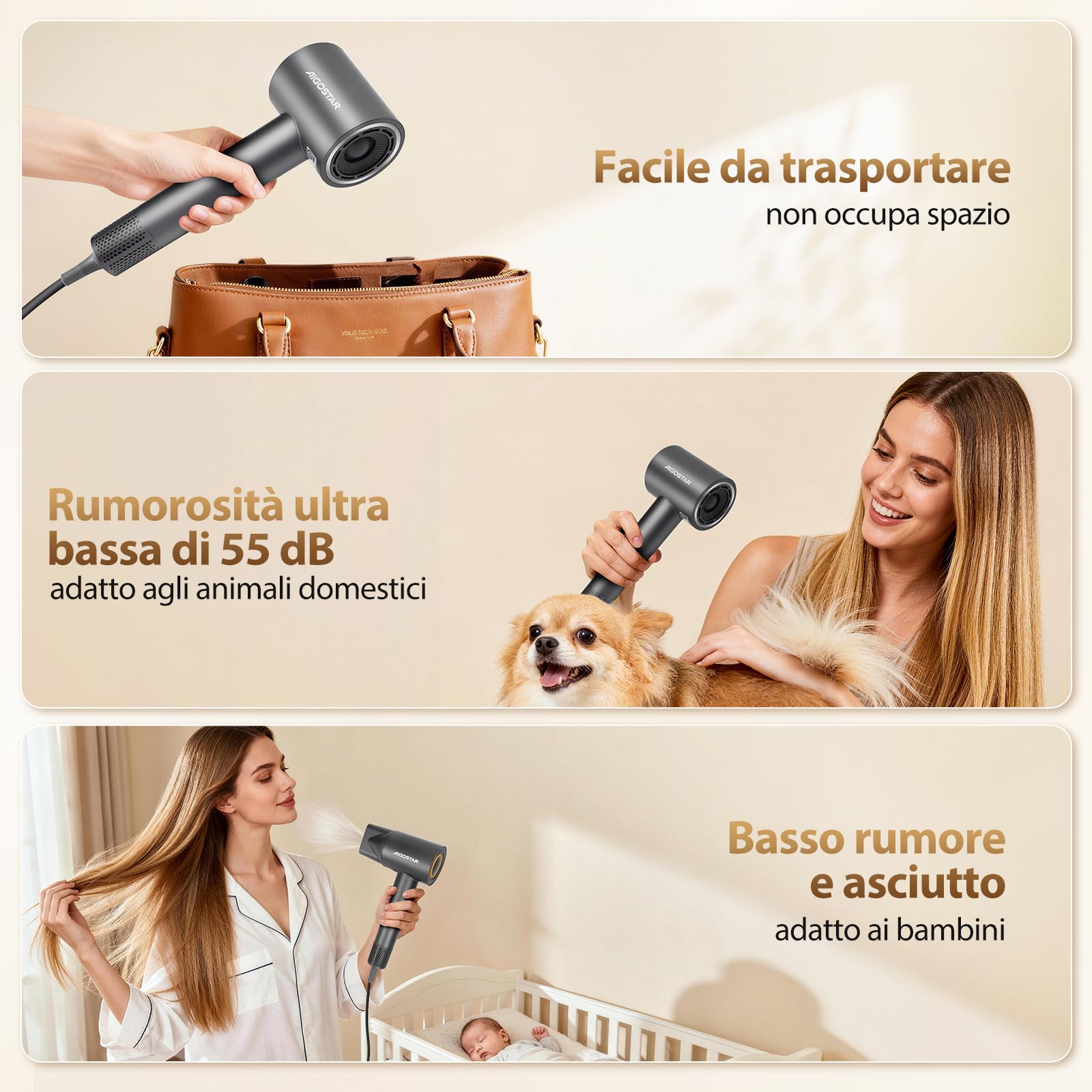Aigostar Phon Capelli Professionale 1600W, Ioni Negativi - Asciugacapelli Leggero 450g con Motore Brushless 110.000 RPM, 55 dB Silenzioso, Accessori Magnetici con Diffusore - Per Casa e Salone