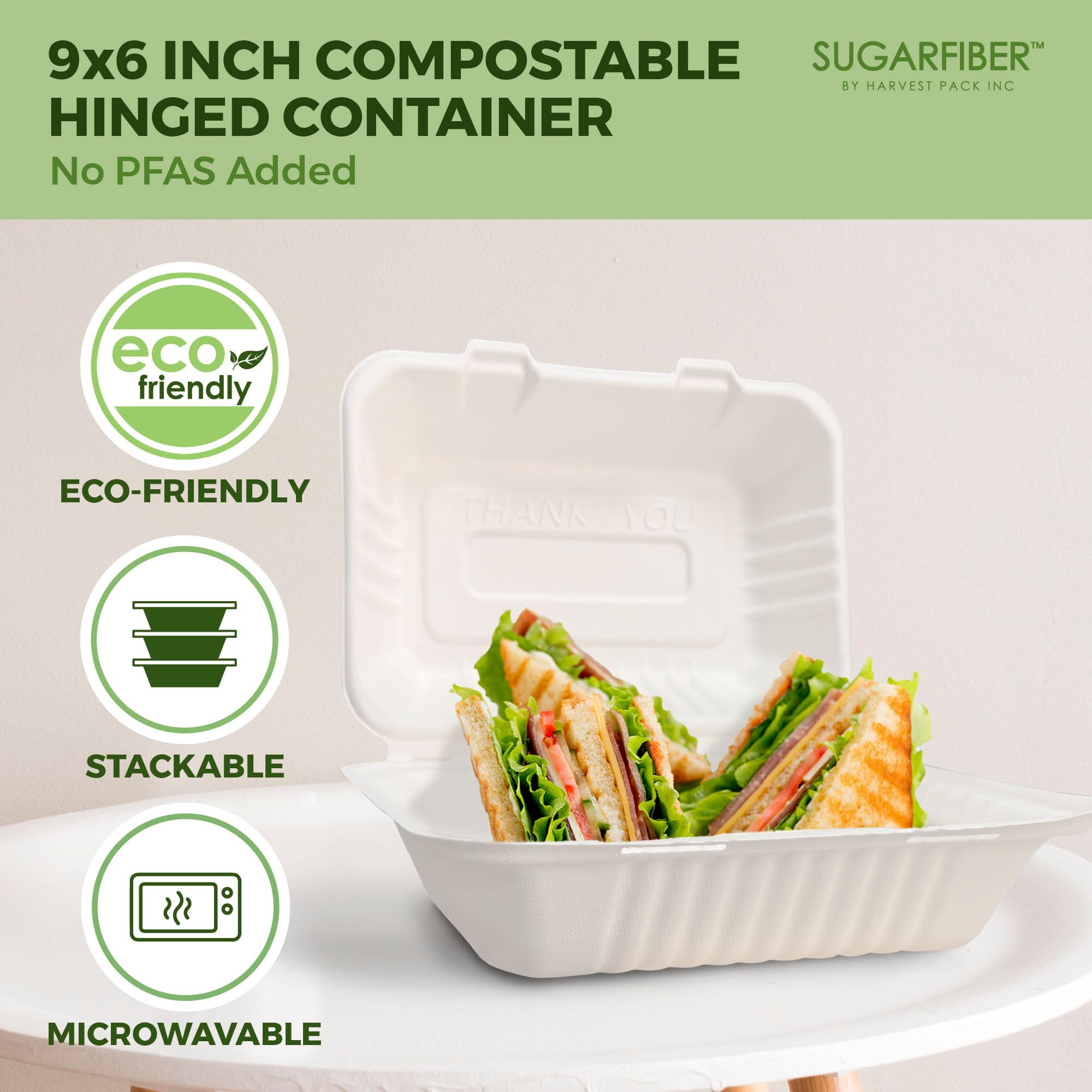 Paquete de cosecha de 8 x 8 pulgadas, contenedor cuadrado compostable blanco con bisagras, caja desechable de un solo compartimento para llevar, hecha de fibras vegetales de bagazo ecológicas, sin