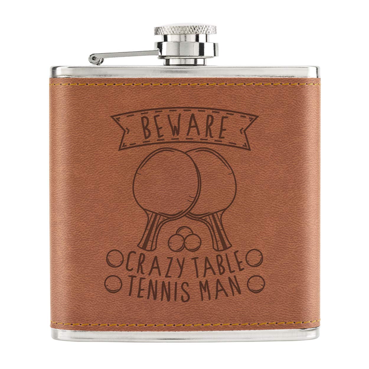 Beware Crazy Table Tennis Man 6oz PU Leather Hip Flask Tan