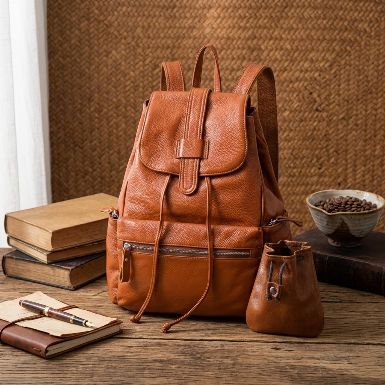 Leder Rucksack mit Kordelzug Magnetverschluss inkl. passender Münzbeutel Klassisches Design für Business Reise & Alltag Cityrucksack Echtleder bg521 (Cognac Genarbtes Leder)