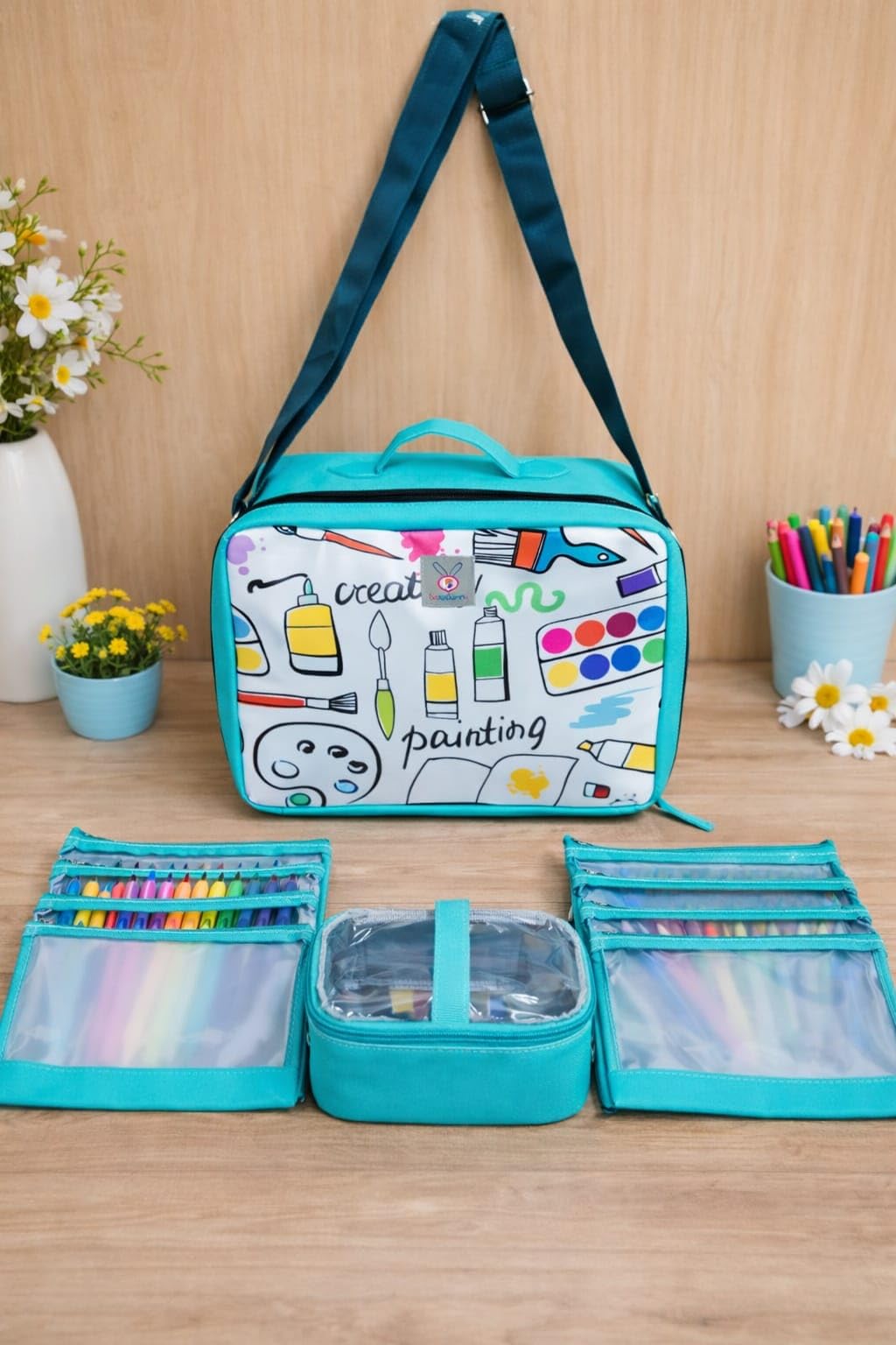 BAGSBUNNY Art Supply Organizer Bag with 6 Transparent Flat Pouches and one Box pouch (Sea Green) 1