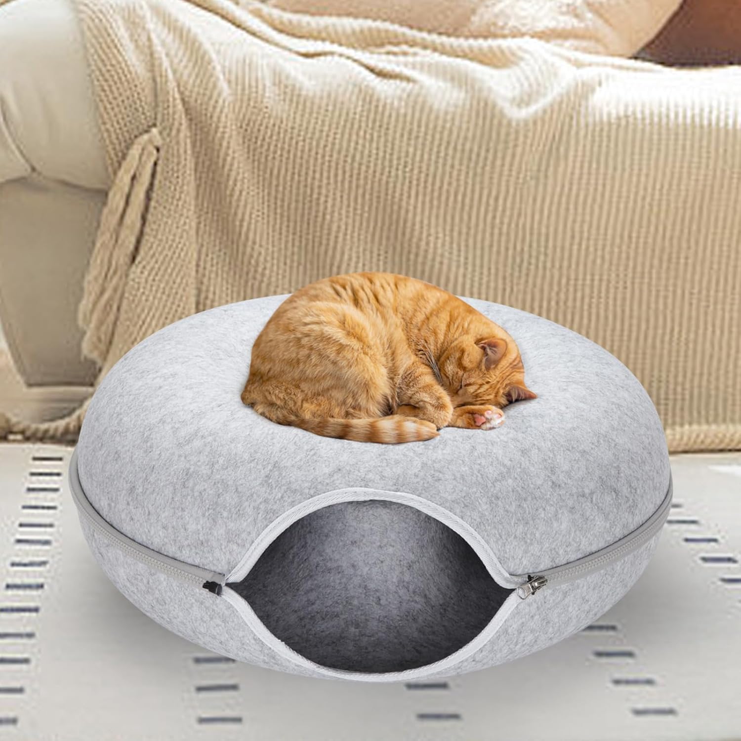 RIZZARI 20 * 20 * 8 Inches Small Cat Tunnel Bed, Peekaboo Cat Cave for Indoor Cats, Comfortable and Washable Cat House, Detachable Donut Pet Bed for Cats and Kittens (Small, Light Gray)
