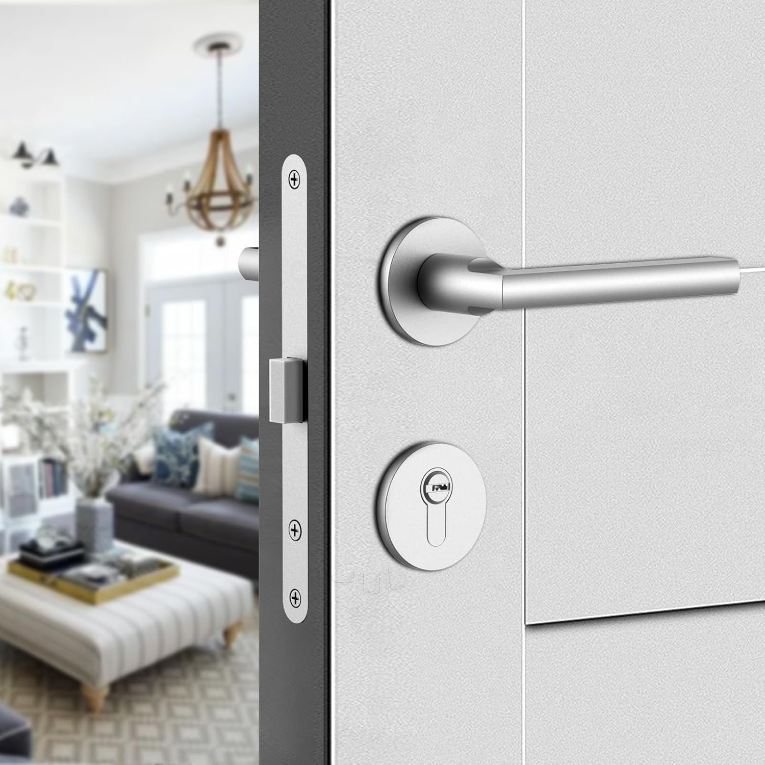 Magnetic Automatic Door Lock Silent Locking Anti-Collision Design Zinc Alloy Handle Aluminum Alloy Body Suitable for Doors with a Thickness of 1 3/8" to 2" Special Lock for Wooden Doors (Silver)