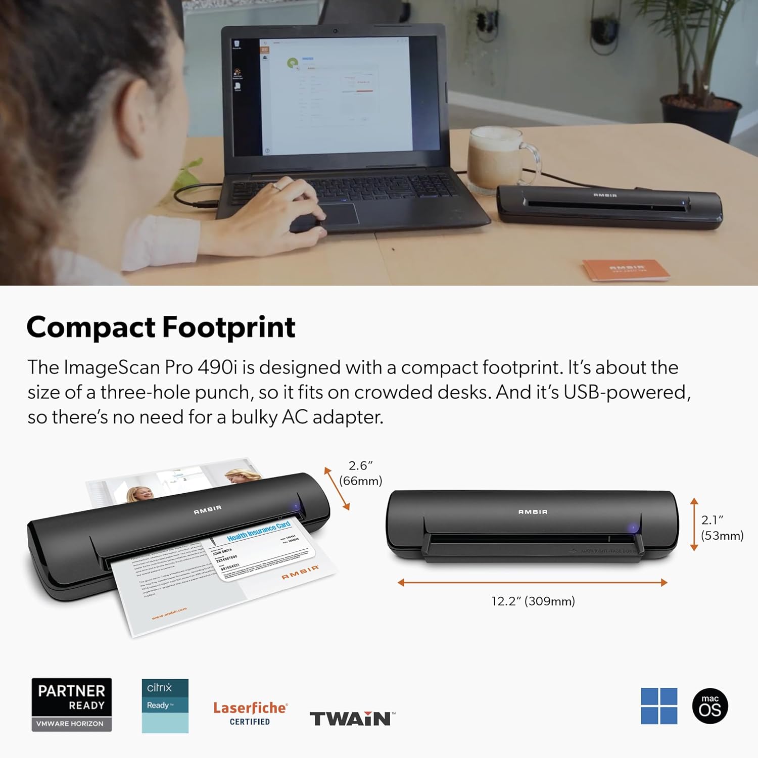 Ambir ImageScan Pro 490i (DS490-AS) Duplex Document and Card Scanner with AmbirScan