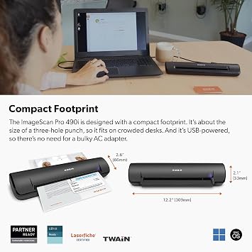 Ambir ImageScan Pro 490i (DS490-AS) Duplex Document and Card Scanner with AmbirScan
