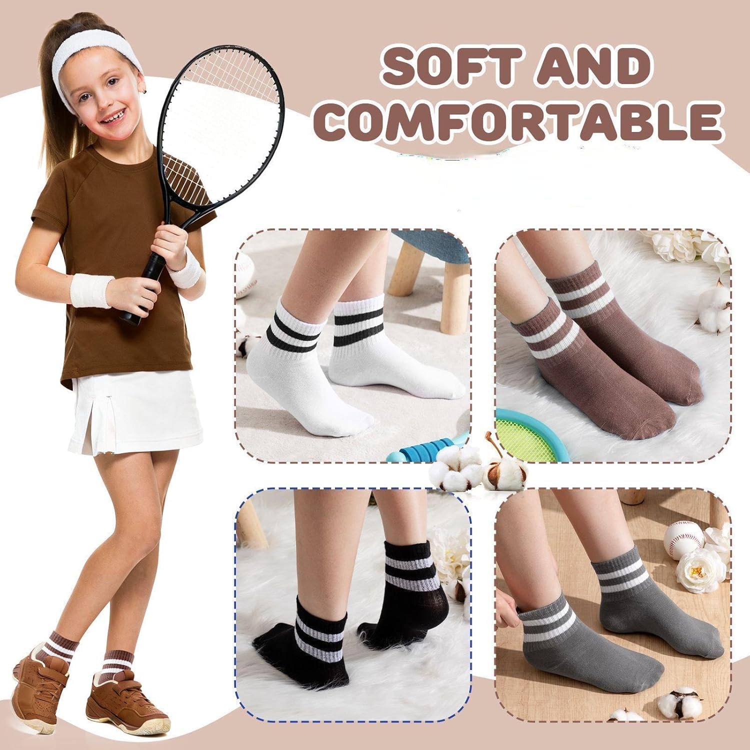 Shihanee 6 Pairs Socks for Girls Kids Pink Crew Athletic Socks with Stripes Heart 4-12 Years Old Cotton Girls Crew Sock - Image 5