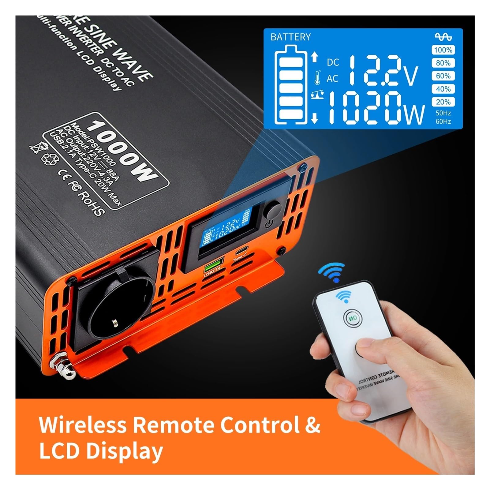 Convertidor PSW-1000W Inversor De Onda Sinusoidal Pura 2000W CC 12 V A CA 220 V Inversor De Potencia Potencia Continua 2000W Inversor Solar Coche Inversor(DC24V to AC220V 50Hz)
