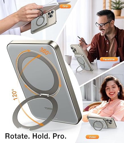 Miniatura 10 de TORRAS Cargador portátil inalámbrico con soporte giratorio de 360, batería Magsafe de 5000 mAh, banco de energía magnético USB-C de 15 W para iPhone