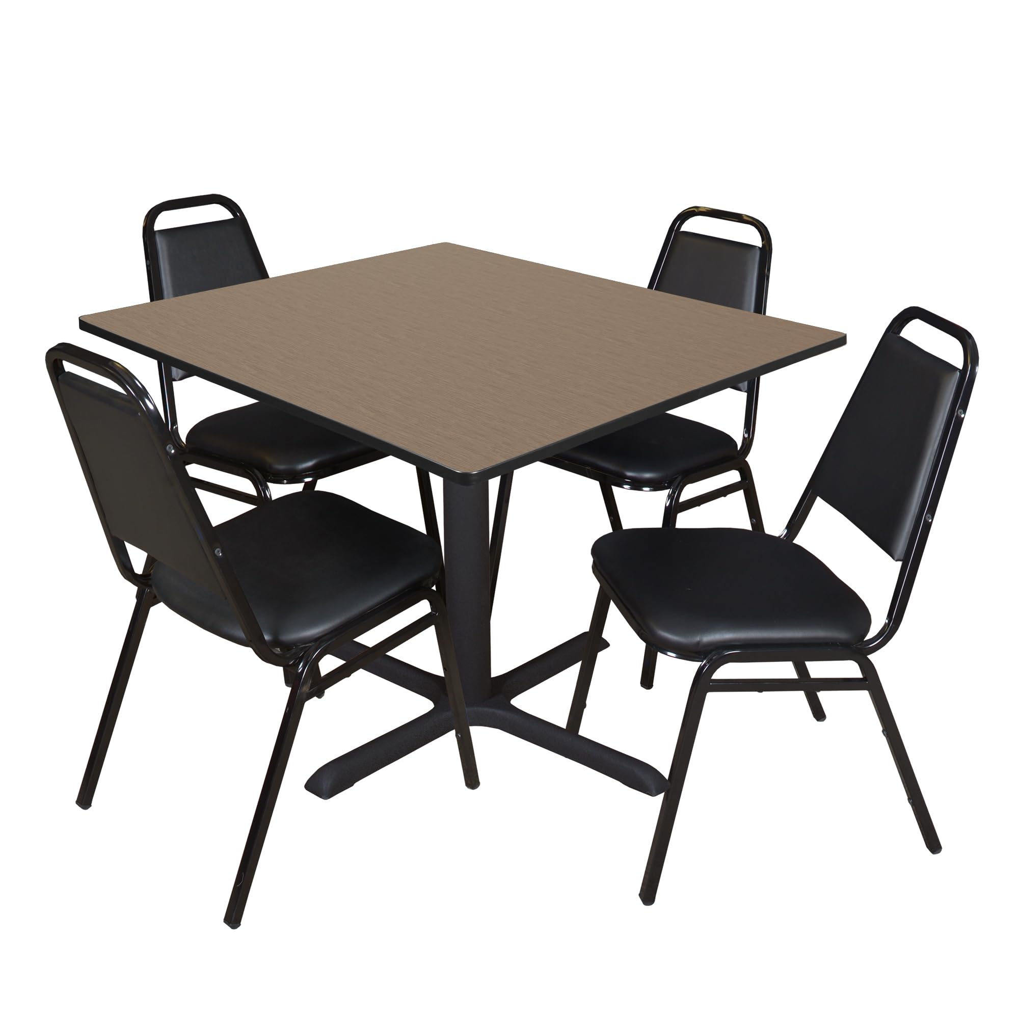Romig Pillar 48 in. Square Breakroom Table- Noble Oak &amp; 4 Restaurant Stack Chairs- Black