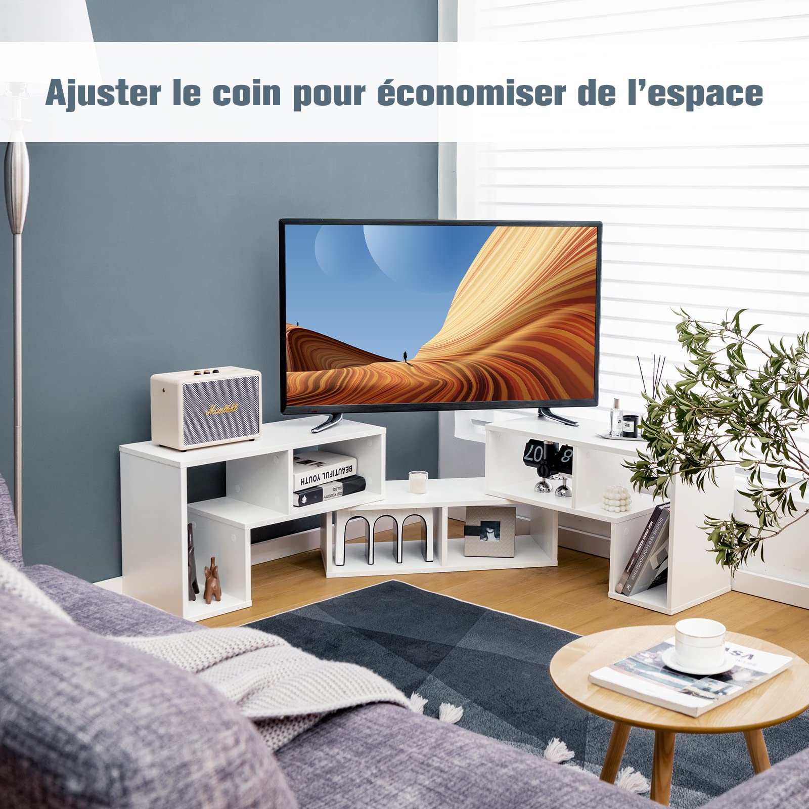 COSTWAY Meuble TV Modulaire 3 Pièces, Meuble Télé Angle Extensible 49 Pouces, Étagère Bibliothèque Bois 135x30x43cm Blanc