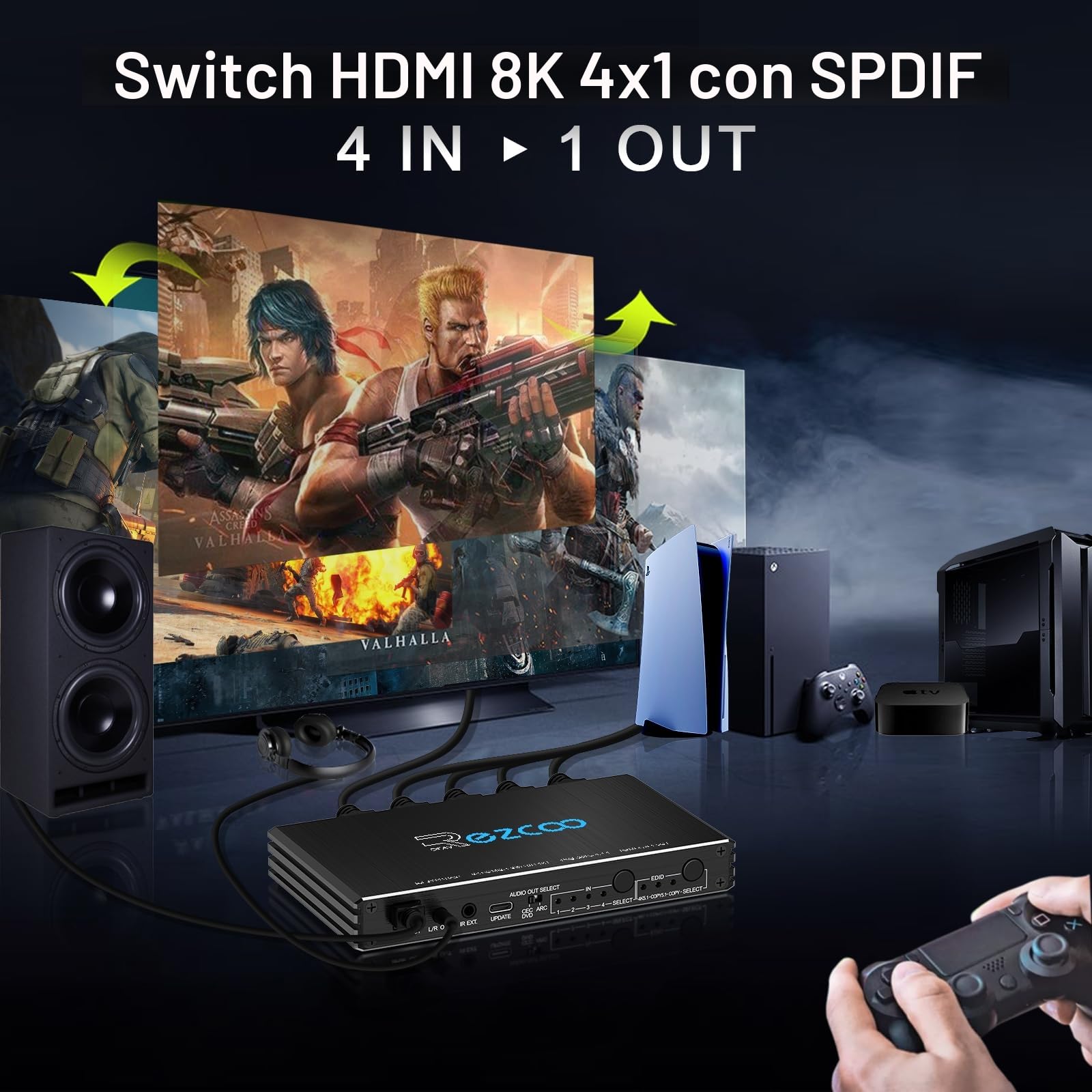 4K@120Hz Switch HDMI 2.1 4x1 Estrattore Audio VRR ALLM HDCP2.3 ARC HDR10+CEC Ottico SPDIF Ottico e Uscita Audio AUX da 3,5 mm, Switch HDMI 4 IN 1 OUT Telecomando IR Digital EDID per PS5 XBOX NVIDIA