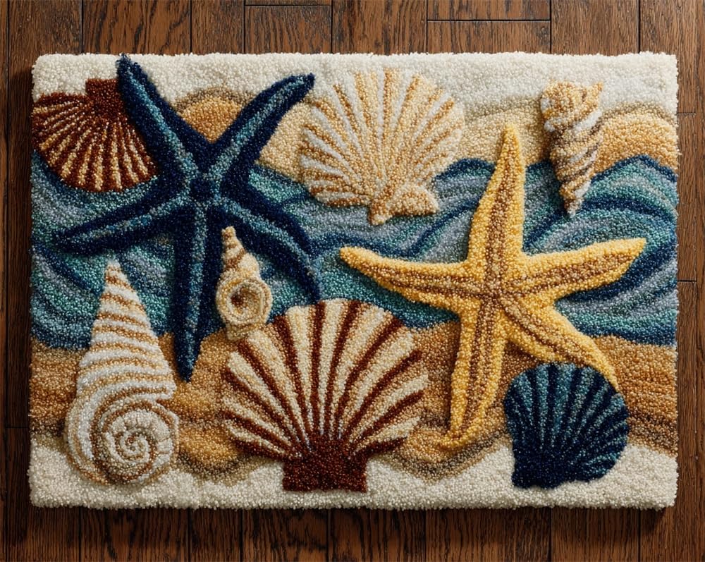 Kitquiver Rug Kits for Adults Latch Hook Printed Seaside Starfish and Seashell DIY Crafts Crochet Yarn Handmade Embroidery with Printed Canvas Needlework for Home Decor 31X45In