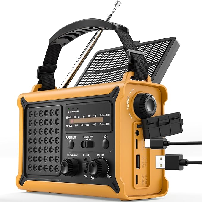 Radio solar de emergencia con manivela portátil e impermeable
