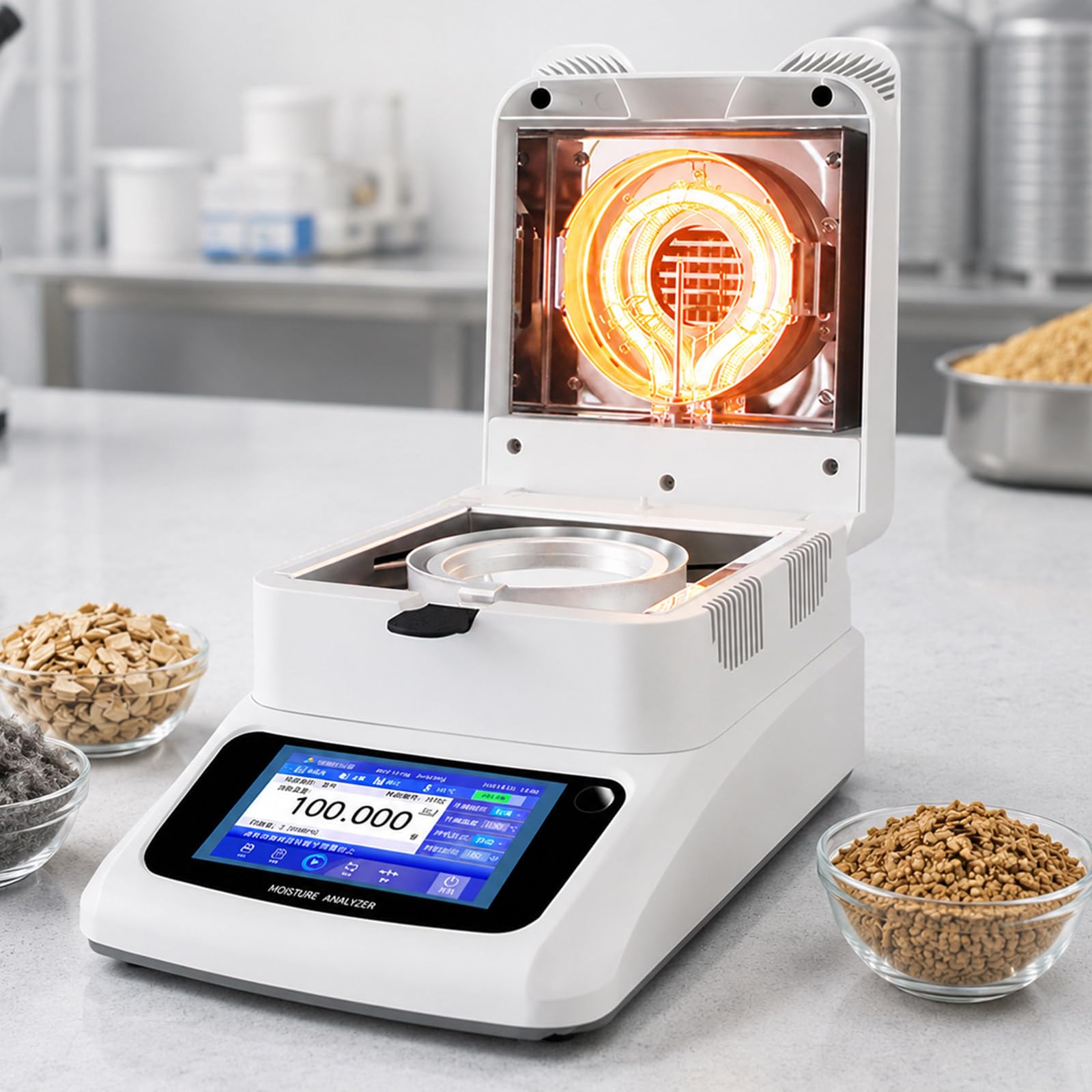 pealiritansemen Grain And Coffee Moisture Analyzer, Digital Halogen Moisture Tester with 120g Capacity, 0.01% Readability, Touch Screen, Fast Drying, for Tea, Corn, Feed And Food Samples A-1205