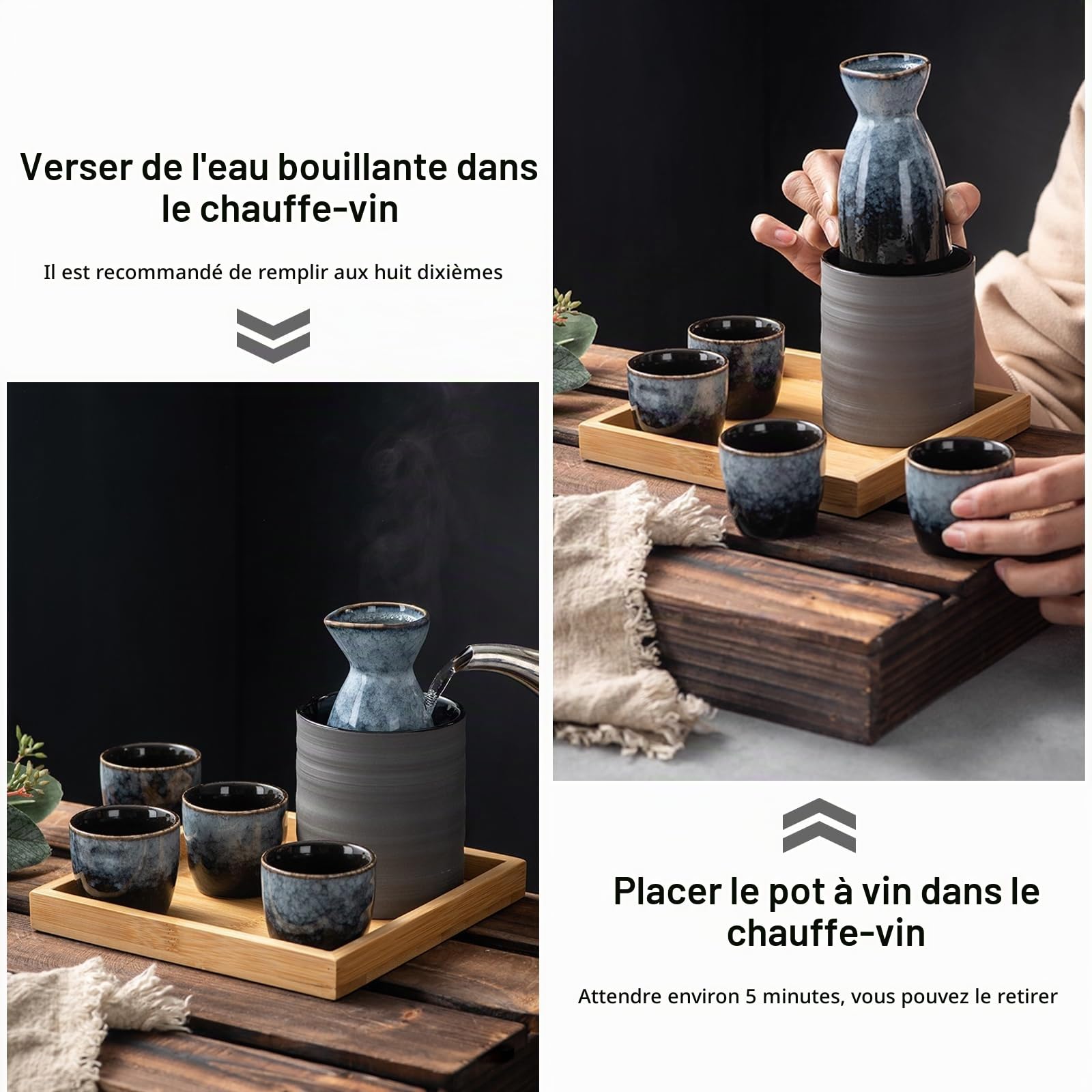 Service à saké japonais en céramique, 6 pièces. Set de saké japonais traditionnel avec 4 gobelets à saké de 35 ml, 1 pot à saké de 175 ml, 1 plateau, glaçage au four en porcelaine pour la maison, le