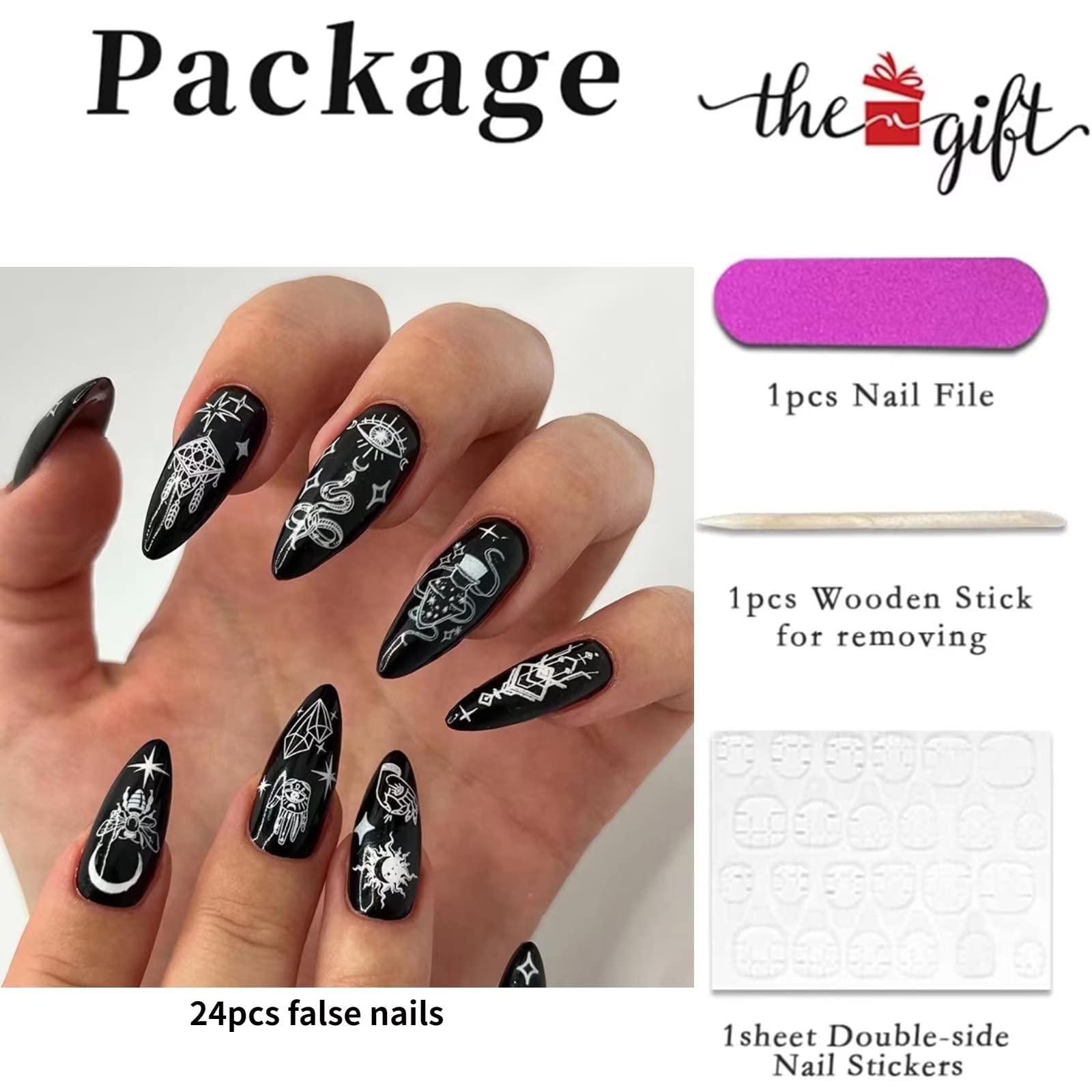 RUNRAYAY 24Pcs Press on Nails Almond, Black Punk Snake Fake Nails Coffin, False Nails for Women and Girls - Image 2