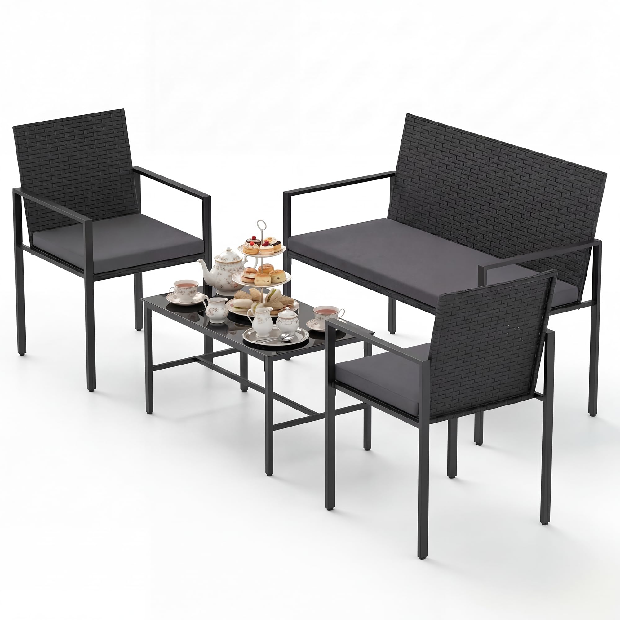 RELAX4LIFE 4 Pieces Rattan Garden Furniture Set, Outdoor Conversation Sets with Tempered Glass Table & Cushions, Loveseat and 2 Armchairs, PE Wicker Sectional Set for Lounge Backyard Poolside (Grey)