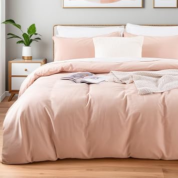NEXHOME PRO Duvet Cover Set 100% Washed Cotton Full Size Linen Feel Textured Organic Natural 3 Pieces Bedding Set with Zipper Closure and Corner Ties, Breathable and Soft Pink, No Comforter