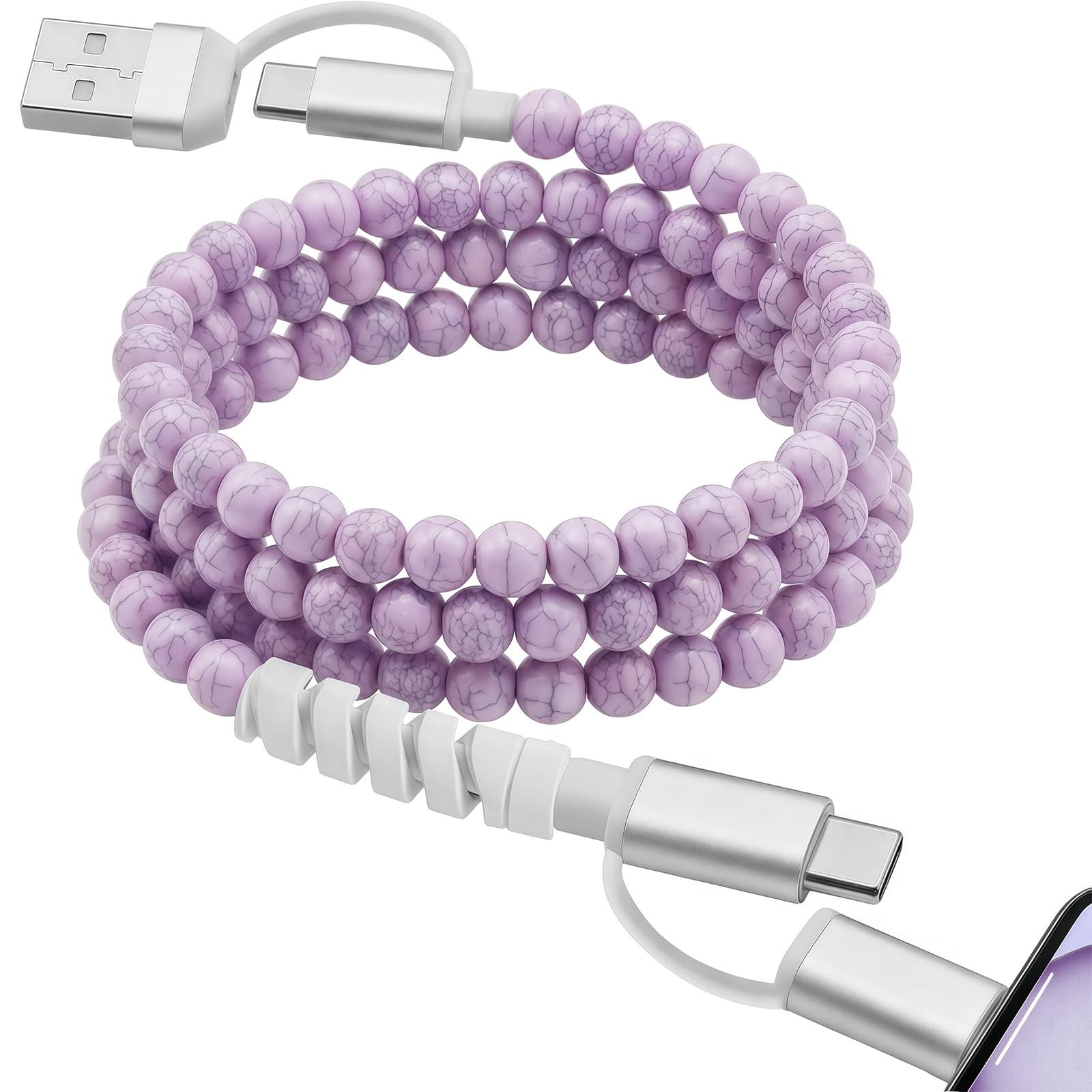 Perłowy kabel do ładowania 4 w 1, pięknie zapakowany, 60 W, certyfikat MFi, ładny, kolorowy kabel, kompatybilny z iPhone, iPad, AirPods, Galaxy i nie tylko (żyła