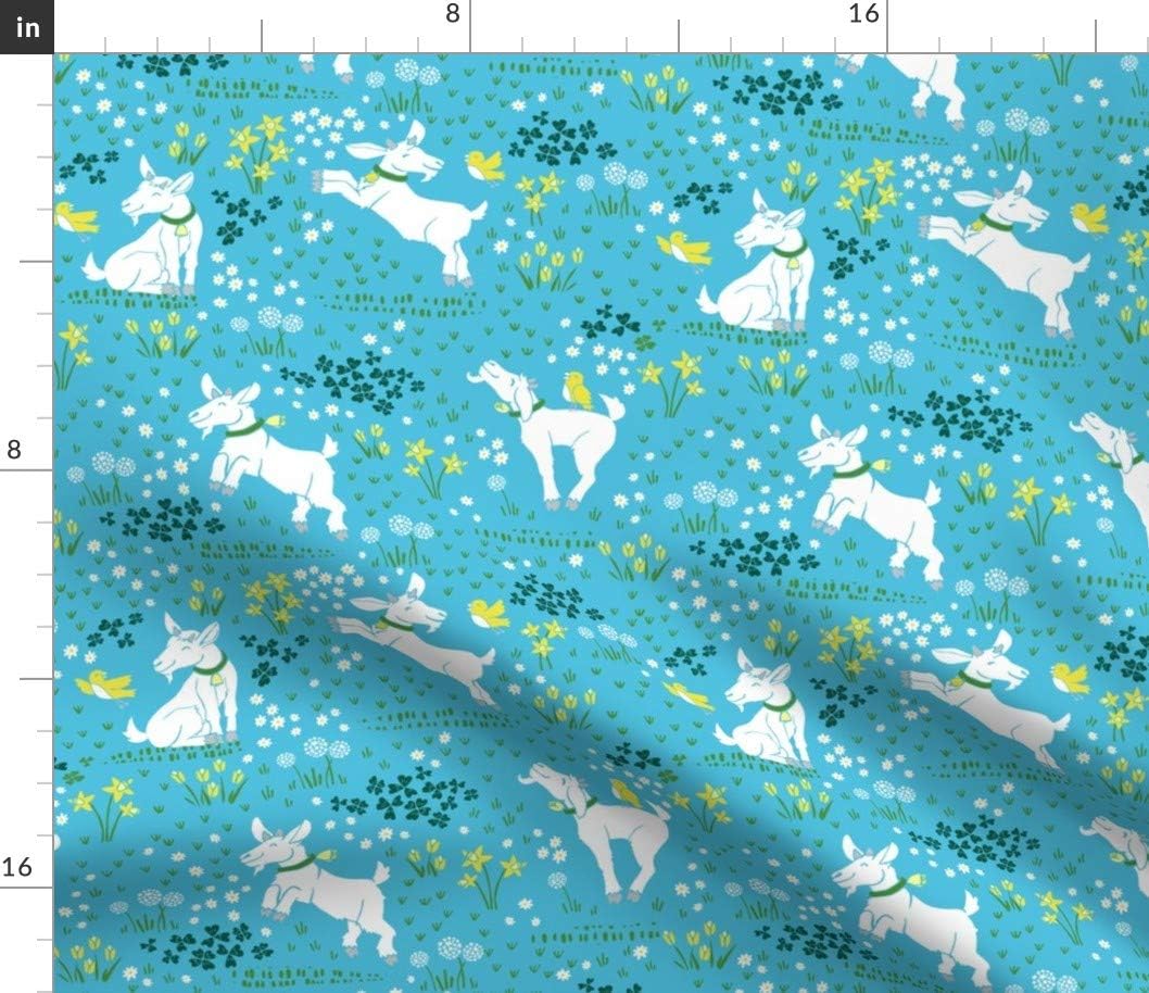 Spoonflower Fabric - Tulips Blue Daisy Herd Goat Horns Farm Animal Grazing Printed on Petal Signature Cotton Fabric by The Yard - Sewing Quilting Apparel Crafts Decor