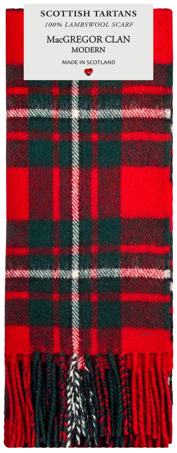 I LUV LTD MacGregor Clan Modern Tartan 100% Lambswool Scarf Made in Scotland