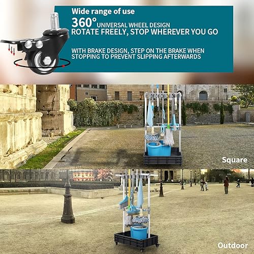 Miniatura 6 de Soporte para escoba y trapeador para trapeadores mojados, soporte móvil para fregona montado en el piso, herramienta de limpieza, almacenamiento