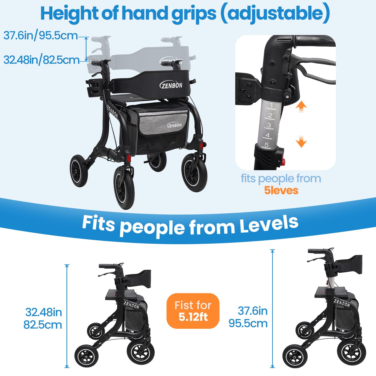 Andador Plegable de Aluminio con Asiento: Andador para Ancianos Adultos Ligero y Plegable de Viaje Altura Ajustable con Soporte para Bastón y Bolsa de Compra Extraíble (Negro)