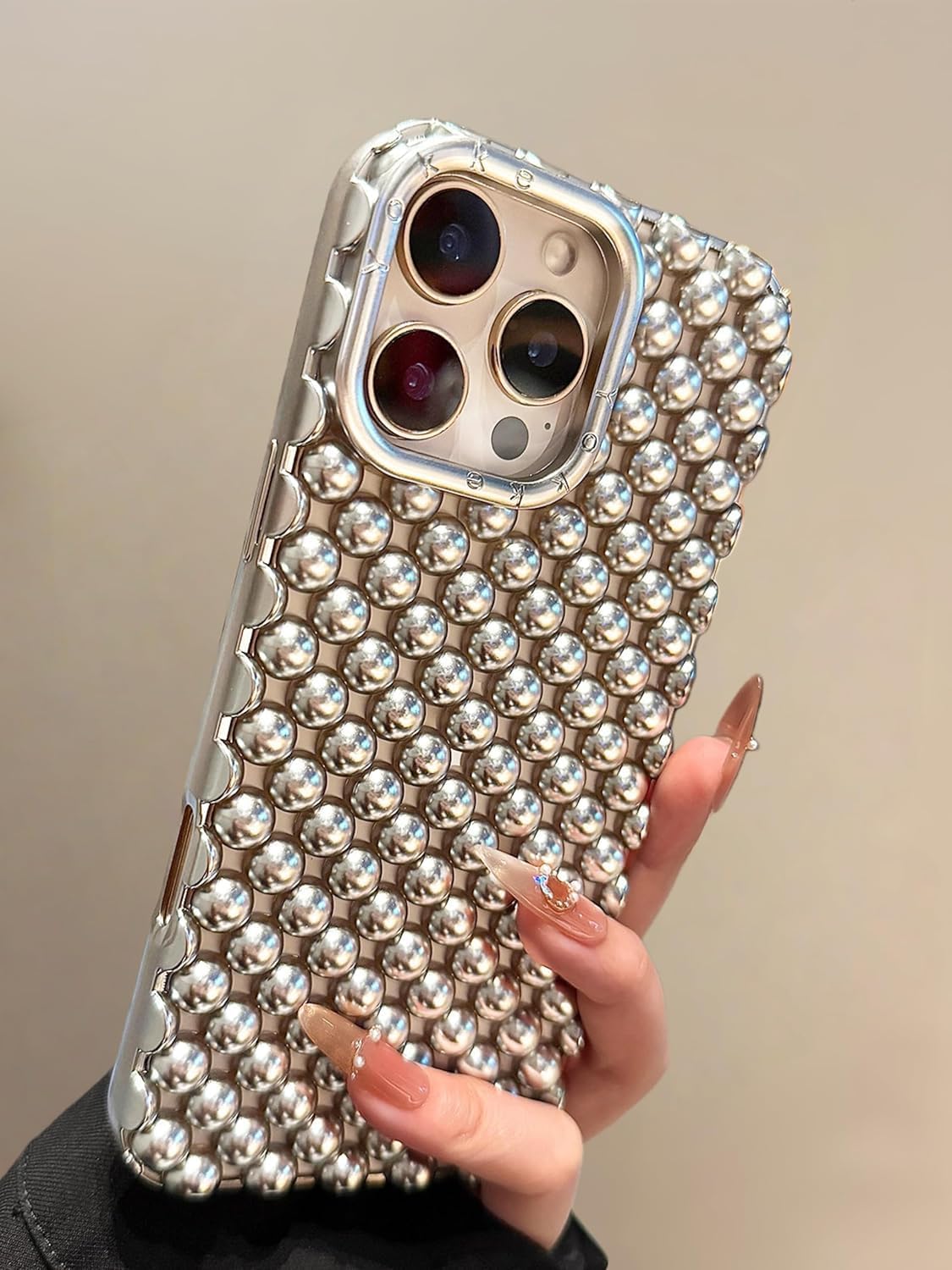 Heat Dissipation Case for iPhone 15 Pro Max, Cute Glossy Chrome Electroplate Bubble Bead Pearl Phone Case Breathable Cooling Hollow Shockproof Protective Corver for Women Girls, Silver image 4