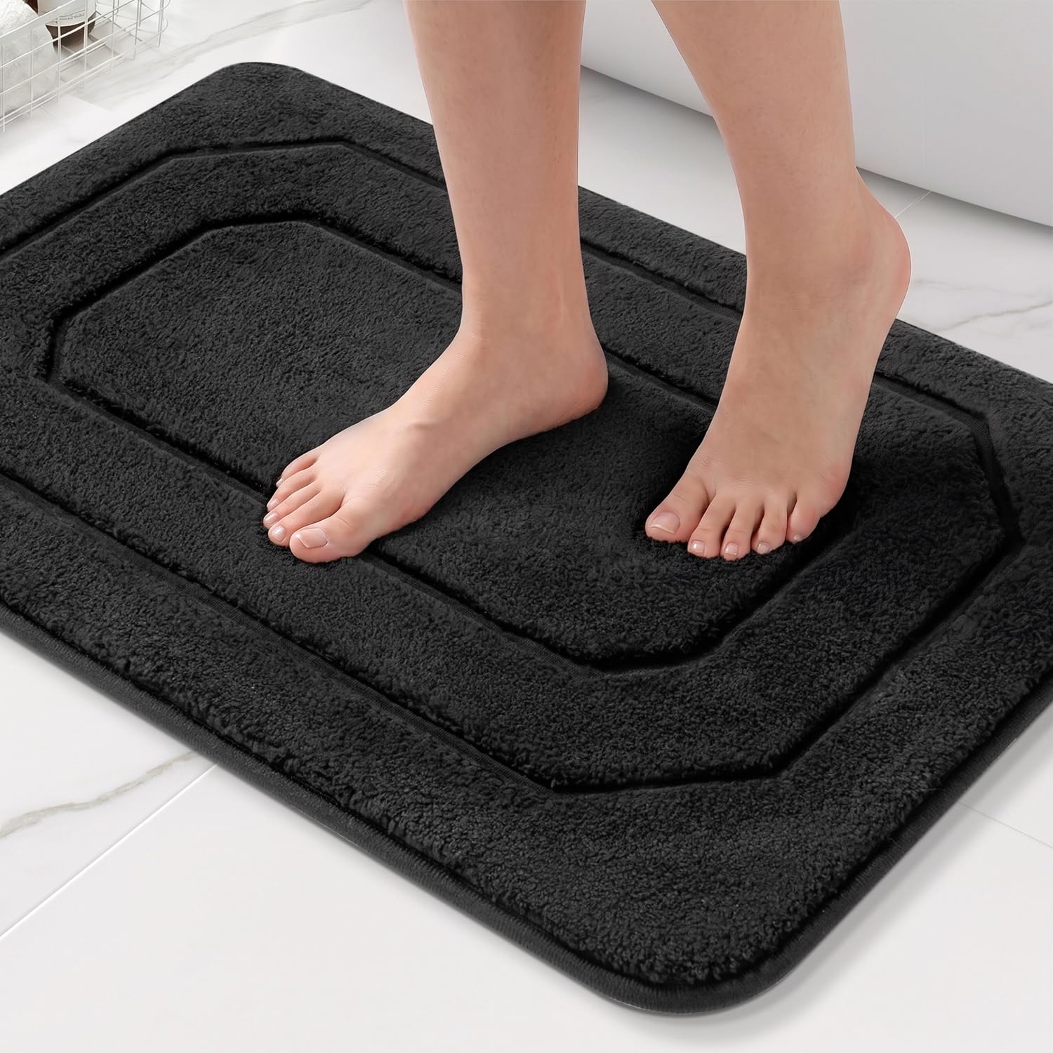 HITSLAM Thick Memory Foam Non Slip Bath Mat 60 x 40cm, Extra Soft Absorbent Bathroom Mat, Machine Washable Bathroom Rug, Quick Dry Bath Mats for Bathroom, Tub and Shower, Black