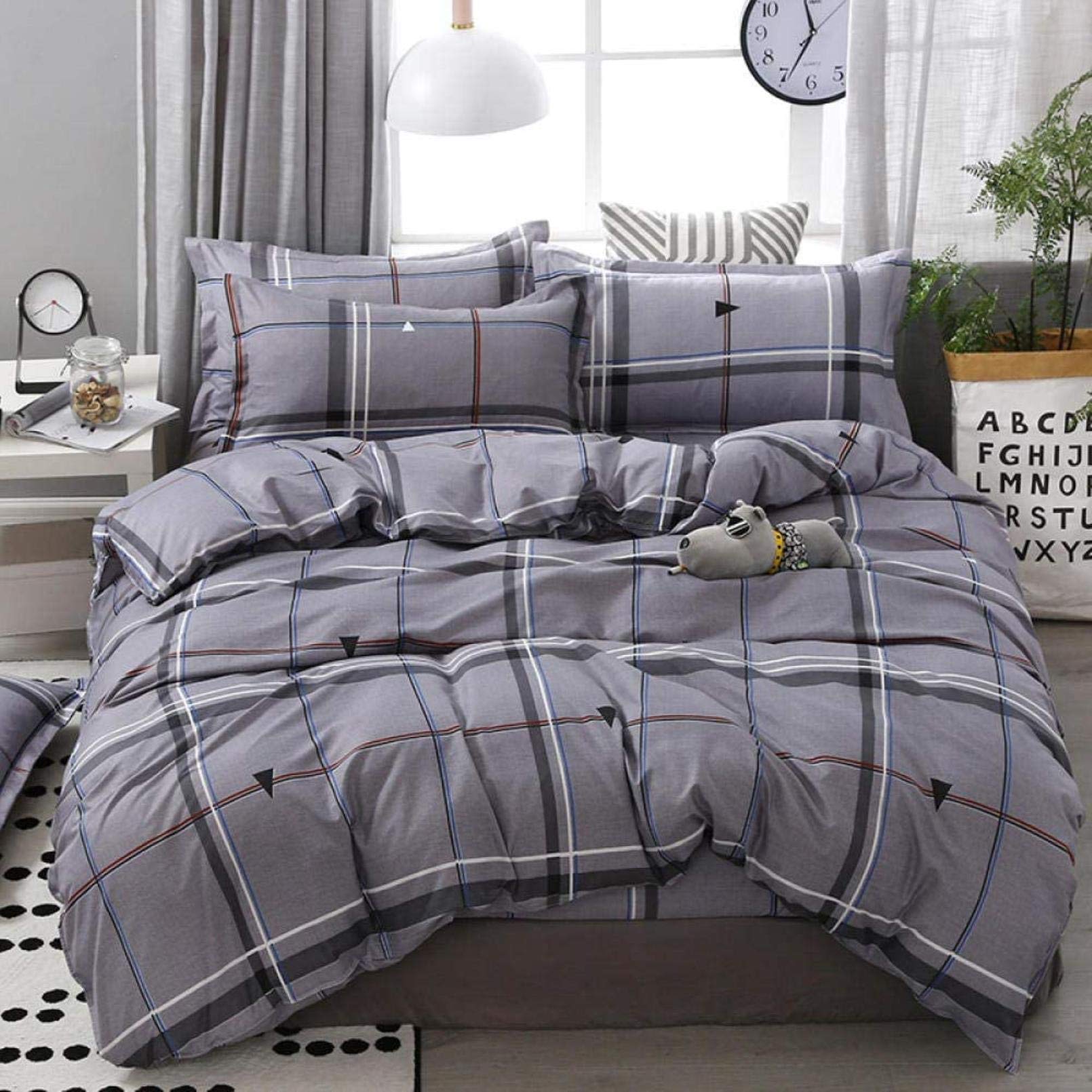 Grau Kariertes Bettbezug-Set, wendbar, 71 x 86,6 cm, Baumwolle, 4-teiliges Bettwäsche-Set mit 1 Laken und 2 Kissenbezügen 50 x 75 cm für Schlafzimmer, Doppelbettgröße HGCHH