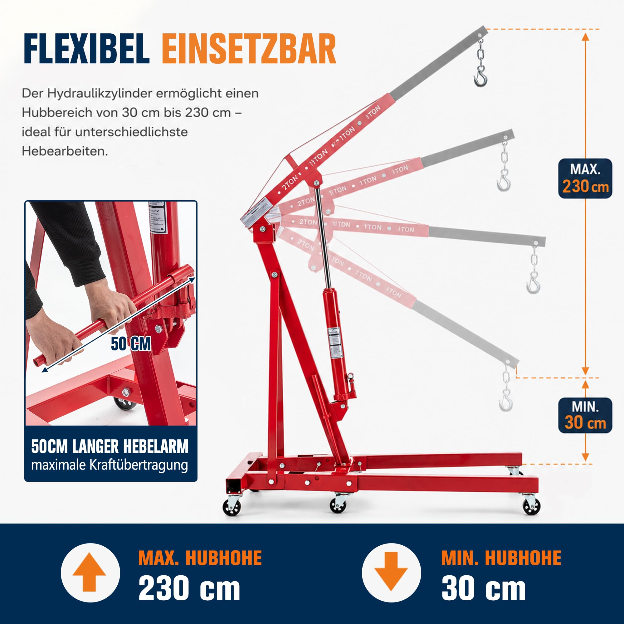 Hydraulik Hebebock 2 Tonnen, Klappbarer Teleskop-Hubwagen Mit 4-Stufen Ausleger (30-230cm), 360° Lenkrollen, Werkstattheber Für Auto-Reparatur, Baustelle, Lager
