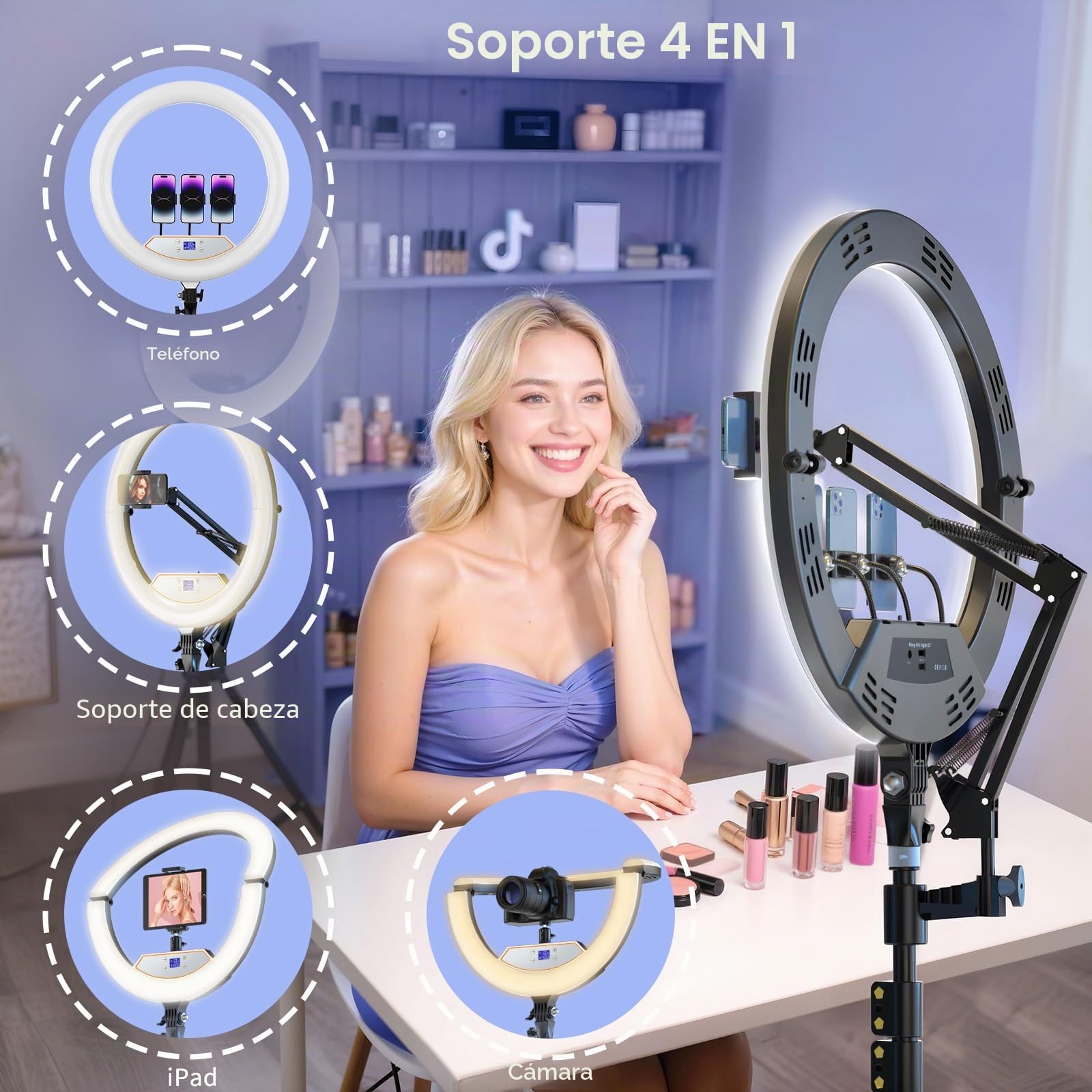 22" Anillo de luz LED Profesional con 75" Trípode,- Kit Completo para Fotografía/Streaming (Soporte Superior, Pantalla LCD, 2 USB, Control Remoto) Compatible con iPhone iPad Cámaras DSLR